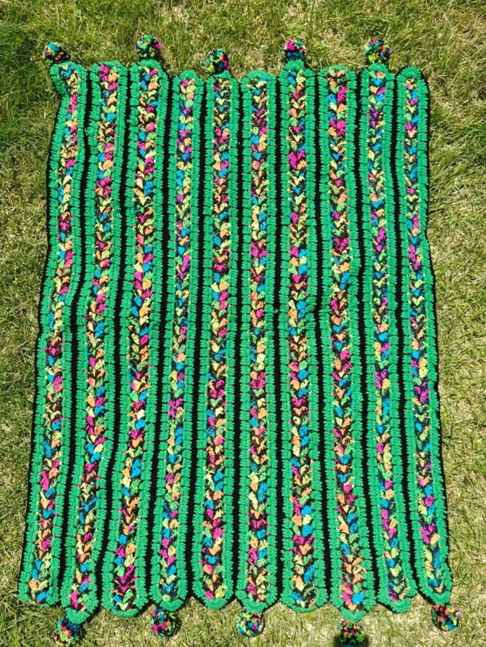 Vintage Handmade Crochet Afghan Throw Blanket Green Multicolor Striped Pom-Pom